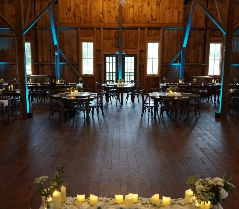 A large room with many tables and candles